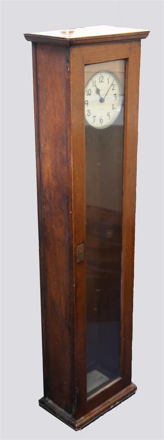 An early 20th century oak cased PUL-SYN-ETIC electric pendulum type impulse master clock and similar slave mantel timepiece, 4ft 4.5in.